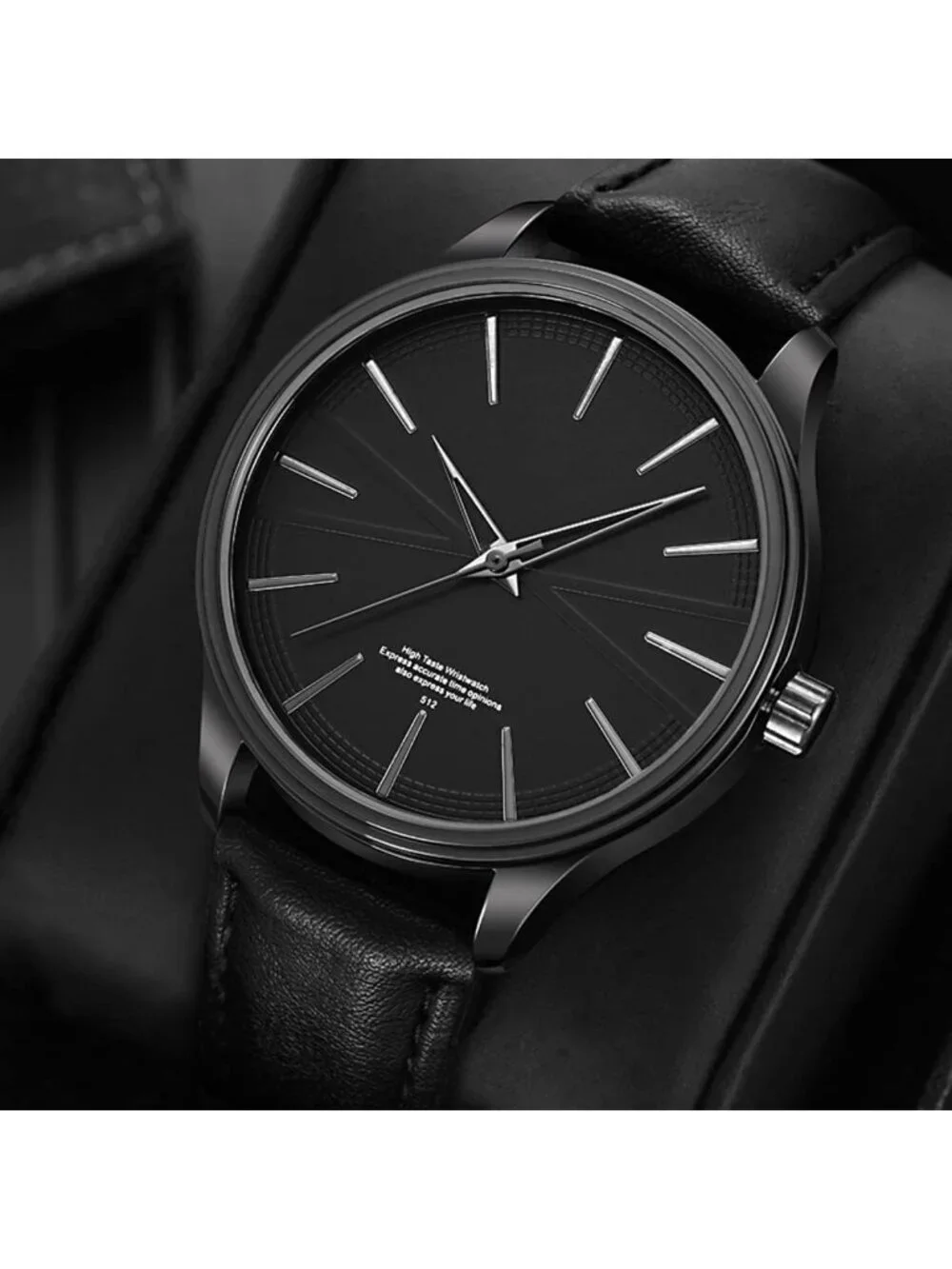 Men's All Black Analog Leather Band Ultra-Thin Minimalist Waterproof Wrist Watch